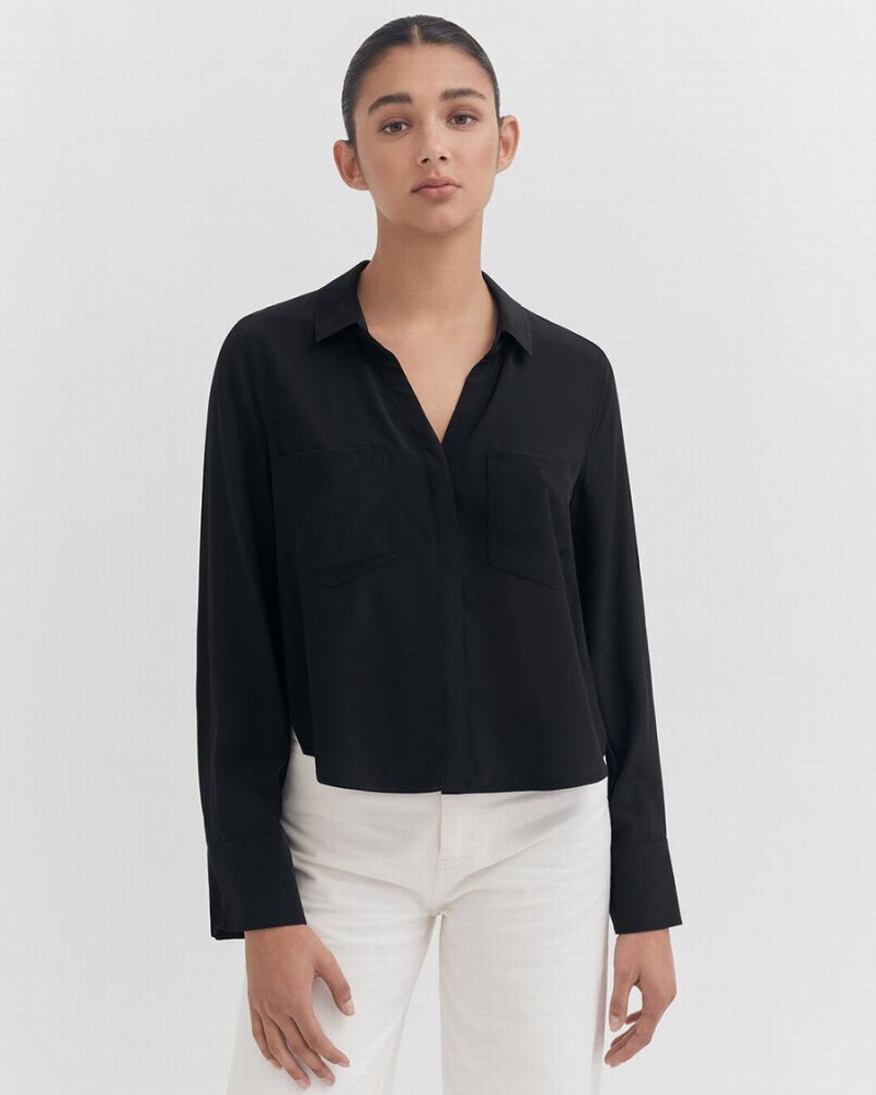 Camisas Cuyana Silk Pocket Front Cropped Mujer Negras | EOQ4022JL