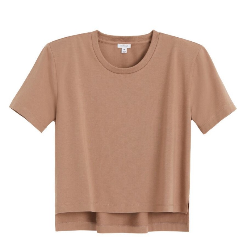 Camiseta Cuyana Acolchado Shoulder Cropped Tee Mujer Kaki | ZIY10052XA