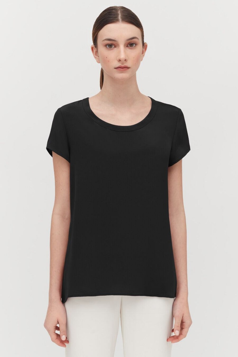 Camiseta Cuyana Silk High-Low Tee Mujer Negras | OOC7716KN