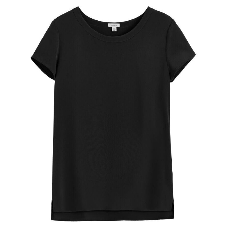 Camiseta Cuyana Silk High-Low Tee Mujer Negras | OOC7716KN