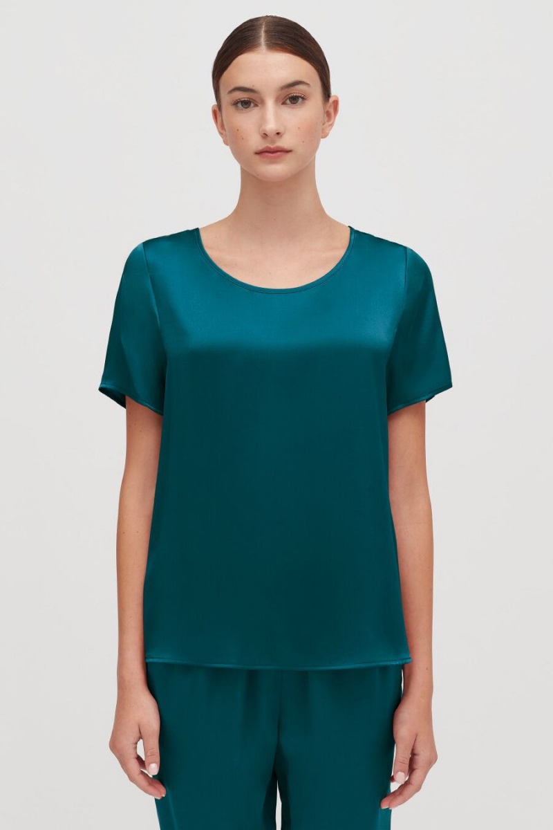 Camiseta Cuyana Washable Charmeuse High-Low Top Mujer Azules | PHM7164UJ