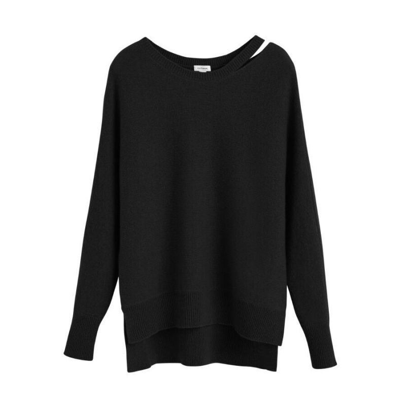 Truien Cuyana Recycled Cashmere Split-Neck Mujer Negras | ACB8290ME