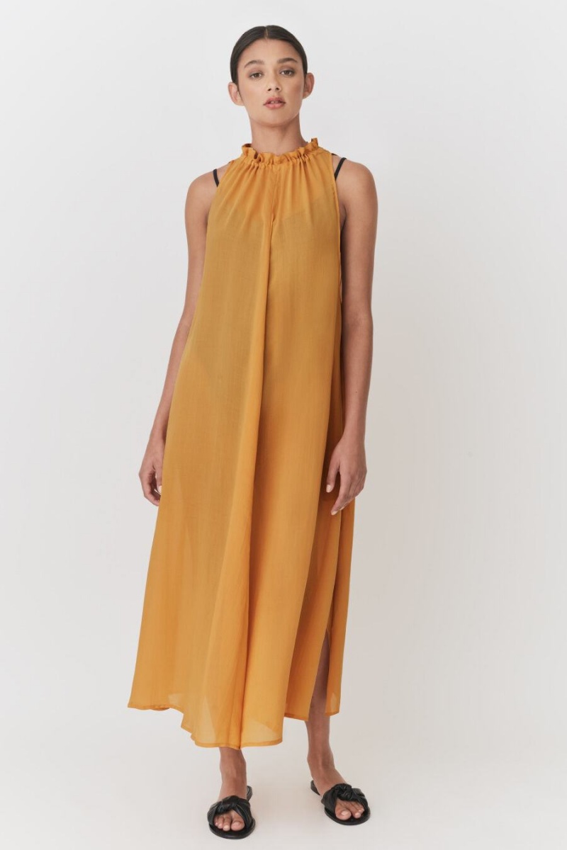 Vestido Cuyana Gathered-Neck Maxi Cover Up Mujer Amarillo | PDU6978RX