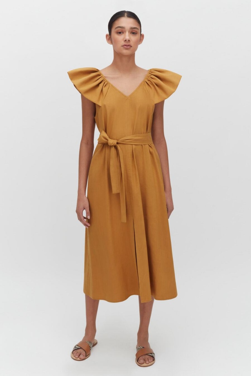 Vestido Cuyana Linen Flutter Sleeve Mujer Naranjas | RQL3685BG